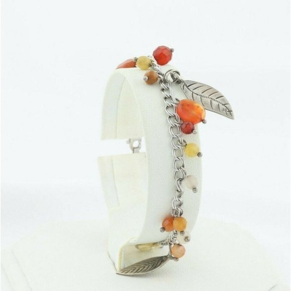 Sterling Silver Leaf Charm Bracelet Orange, Red,Yellow, Quartz Beads 7 inch - Picture 6 of 9